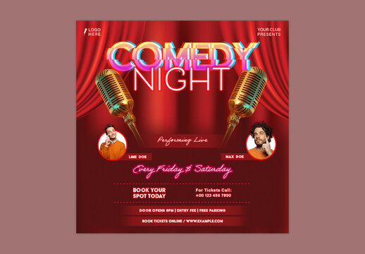 Comedy Night Social Media Post with Vintage Microphones in Red Color for Club Event Promotion, Editable Design.