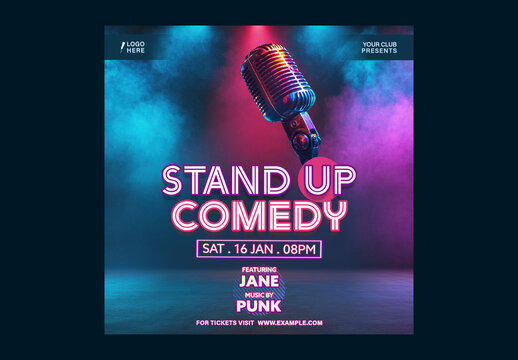 Stand Up Comedy Show Social Media Post with Vintage Microphone for Club Event Promotion, Editable Design.