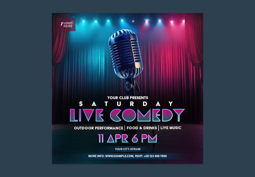 Stand Up Comedy Show Social Media Post with Vintage Microphone for Club Event Promotion, Editable Design.