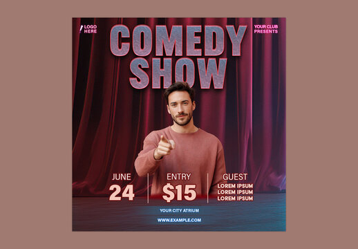 Comedy Show Social Media Post with Male Comedian for Club Event Promotion, Editable Design.