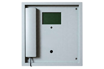 Modern wall-mounted intercom unit with handset isolated on a transparent background