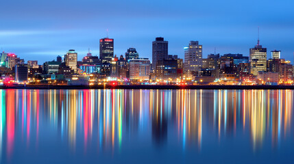 Obraz premium Vibrant city skyline at dusk, showcasing colorful lights reflecting on water, creating serene and captivating atmosphere