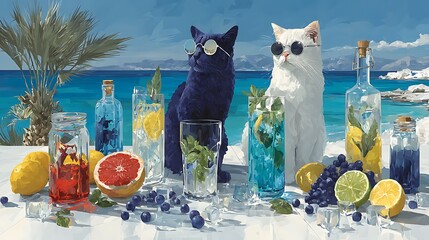 Beachside cats relaxing with fresh drinks high resolution picture