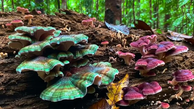 Mystical Fungi Flourish On Forest Log Amidst Lush Greenery