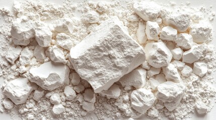 White powder and chunks. Texture is granular with varied sized fragments, creating rough surface