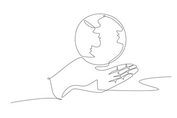 Hands holding the earth. World environment day concept one-line drawing