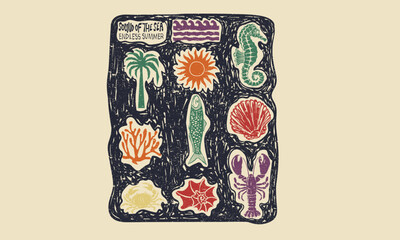 Seashell line drawing. Seashell vintage artwork. Summer vibes artwork. Crab and lobster design. Sound of the sea. 