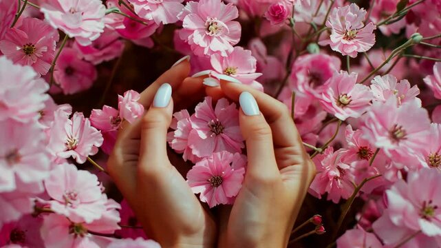 Close-up of hands with painted nails among vibrant pink flowers, suggesting a delicate and refreshing atmosphere.