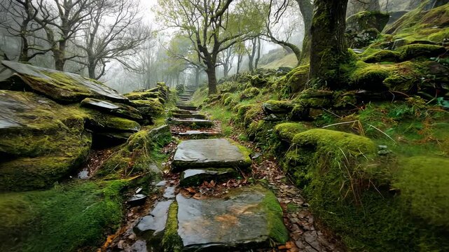 Mossy stone steps ascend a path through a misty forest, framed by verdant moss-covered rocks & trees