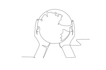Two hands holding the earth. World environment day concept one-line drawing
