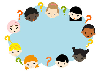 コピースペース　ハテナマークと考える子供たち