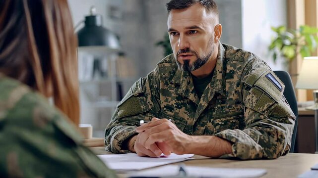 A man in military fatigues sits at a desk, engaged in an interview while holding papers. He appears focused and serious.