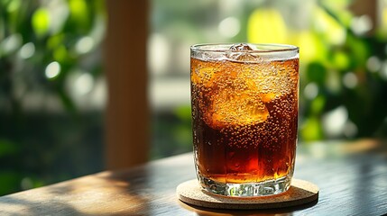 Glass of Iced Dark Soda on a Wooden Table