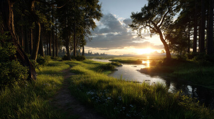 Summer landscape with forest and river at sunset. Nature scene with lake, path, trees, field and sun on horizon. Vector cartoon illustration of woods, lake and green grass at evening