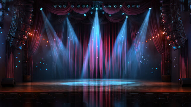 Fototapeta Theater concert stage with curtain cartoon scene background. Opera show spotlight in empty school hall for comedy performance. Open platform for opera play with magic bokeh sparkles light in center