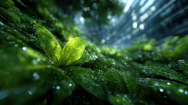 Experience a sophisticated eco-tech fusion in a contemporary abstract commercial scene that blends  Generative AI	