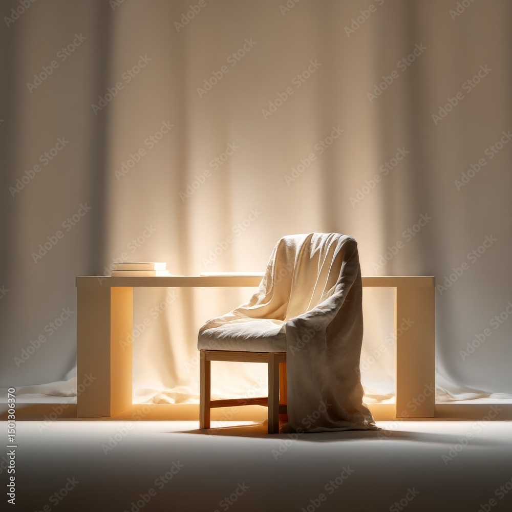 Poster elegant simplicity: a minimalist still life of a drapped chair and table bathed in soft light