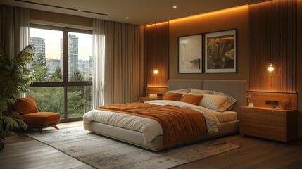 Fototapeta premium Modern cozy bedroom with warm lighting and cityscape view through large window