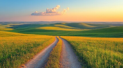 Obraz premium A dirt road stretches across rolling hills under a vibrant sky at sunset