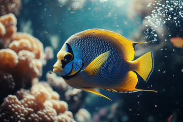 Obraz premium Man woman person scuba diving underwater surrounded by colorful tropical fish in sunlight rays marine exploration generative ai