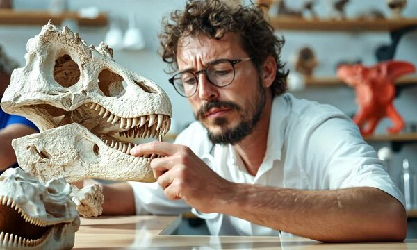 Exploration of dinosaur fossils by a researcher in a natural history museum setting
