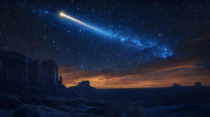 A glowing comet streaking across a star-filled night sky over a desert landscape