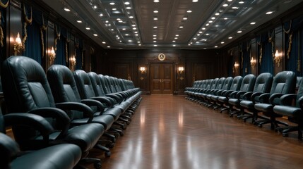 A large room with many black chairs and a clock on the wall