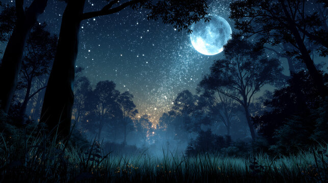Cartoon night landscape with meadow and forest at midnight under fool moon light. Vector illustration of dark natural scenery with trees and pines, grass on field and starry sky with clouds.