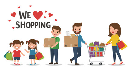 Cheerful Family Enjoying Shopping Carrying Boxes and Filled Shopping Cart