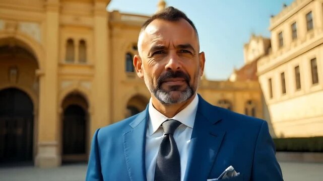 Algerian man in Algiers, bright day, wearing a blue suit, clean shaven, with a neatly trimmed beard, standing in front of the Grande Poste d'Alger, with French colonial architecture.
