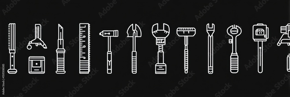 Poster Minimalist Icon Set Showcasing Construction Tools Displayed in a Light-Centered Arrangement on a Dark Background