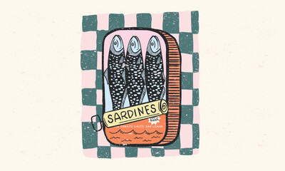 Fototapeta na wymiar Sardines fish artwork for t shirt print, poster, sticker and other uses. Seafood t shirt design. Fish in canned. 