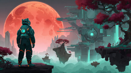 Background of video game stream with spaceman character on planet landscape. Videogame stream is offline. Futuristic banner with astronaut on floating islands, vector cartoon illustration