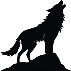 A bold black silhouette of a howling wolf standing on a rock, isolated on a white background. Perfect for wildlife designs, nature-themed projects, tattoos, logos