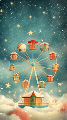 Whimsical Ferris wheel with colorful houses against a dreamy starry sky, evoking wonder and joy