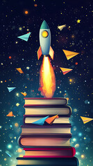 A colorful rocket launching from a stack of books surrounded by paper airplanes and stars