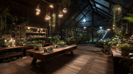 Naklejka premium Flower pot in greenhouse garden interior at night. Home green farm with plant on shelf and table. Conservatory glass room with wood furniture. Flowerpot cultivation inside store patio background