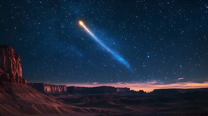 A glowing comet streaking across a star-filled night sky over a desert landscape