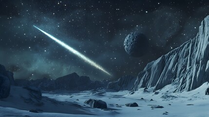 Comet with a long bright tail passing near a distant icy planet