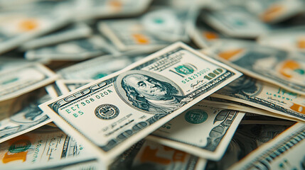 Close up view of various banknotes scattered surface, showcasing intricate details and designs of currency. image evokes sense of wealth