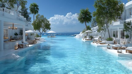 Premium coastal hotel with palm shadows high resolution images