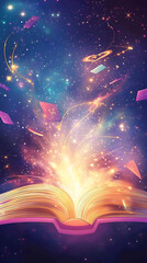 An open book releasing vibrant magical energy and colorful papers, set against a cosmic background
