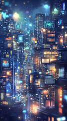 Vibrant cityscape at night with glowing lights and towering buildings, bustling urban life below