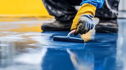 Close-up of the application of epoxy resin on a blue floor with a brush by a worker