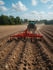 a trailed harrow stands in a field. harrowing the soil. harrow trailer for tractor