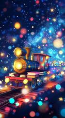 Colorful train traveling through a starry night with vibrant lights and cosmic background