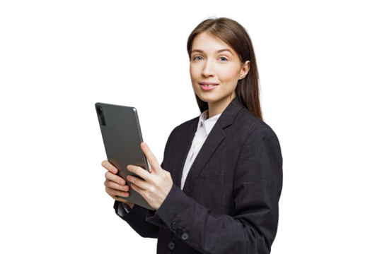 Professional woman in business attire engages with tablet during a productive meeting, showcasing confidence and innovation