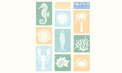 Seashell line drawing. Summer vibes artwork. Crab and lobster design. Sound of the sea. Seashell vintage artwork. 