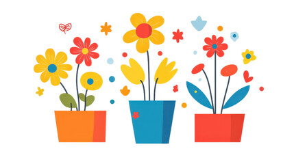 Colorful Potted Flowers: Three vibrant potted flowers in diverse colors and styles, adding a cheerful touch to any design.