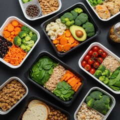Healthy Meal Prep Containers on Dark Background | Variety of Balanced Lunch Boxes with Vegetables, Fruits, Grains and Protein for Diet Plans, Portion Control and Fitness Nutrition